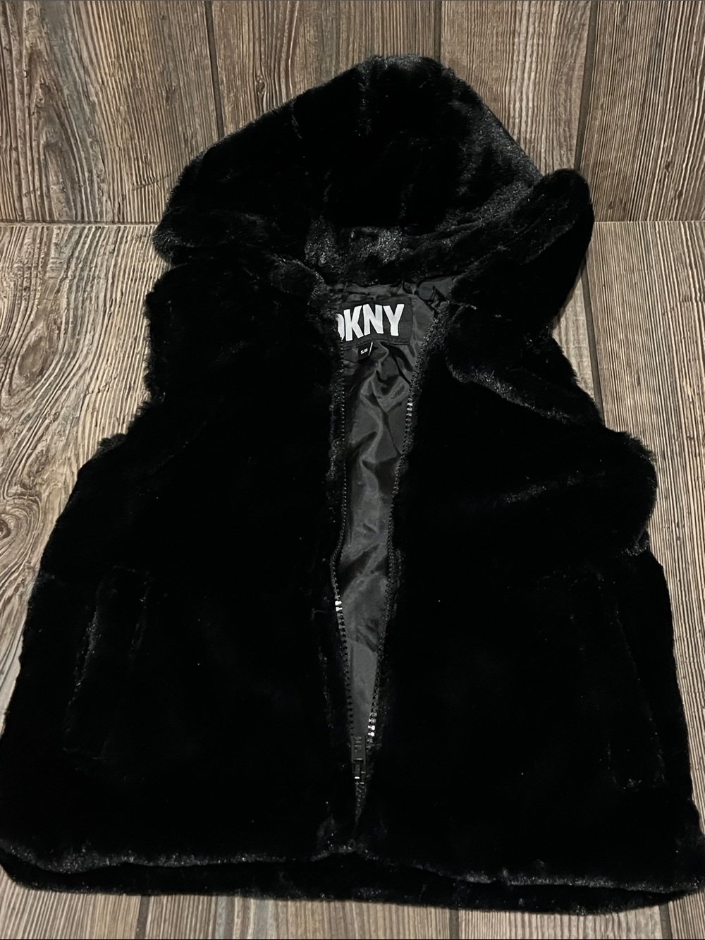 DKNY Girls Black Faux Fur Hooded Vest